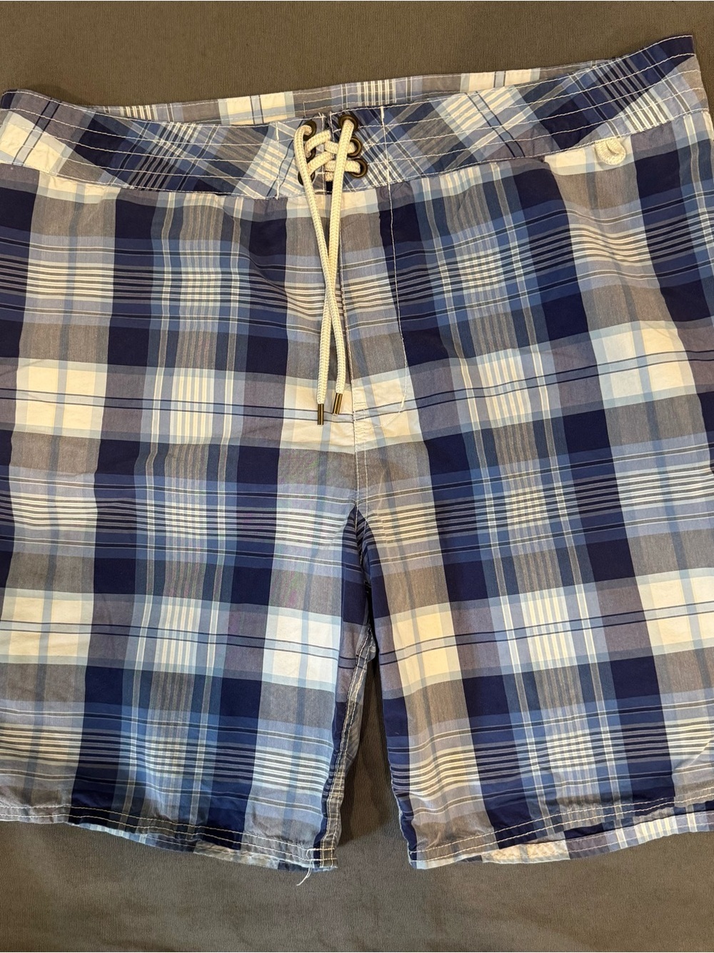 Ralph Lauren Vintage Navy, Light Blue Madras Plaid Unlined Swim Board Shorts W38